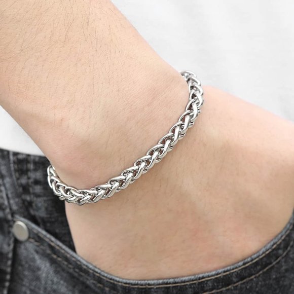 6mm Sterling Silver Wheat Weave Bracelet - Handcrafted in  Men\'s Silver Stainless Steel Wheat Weaved Bracelet 8\